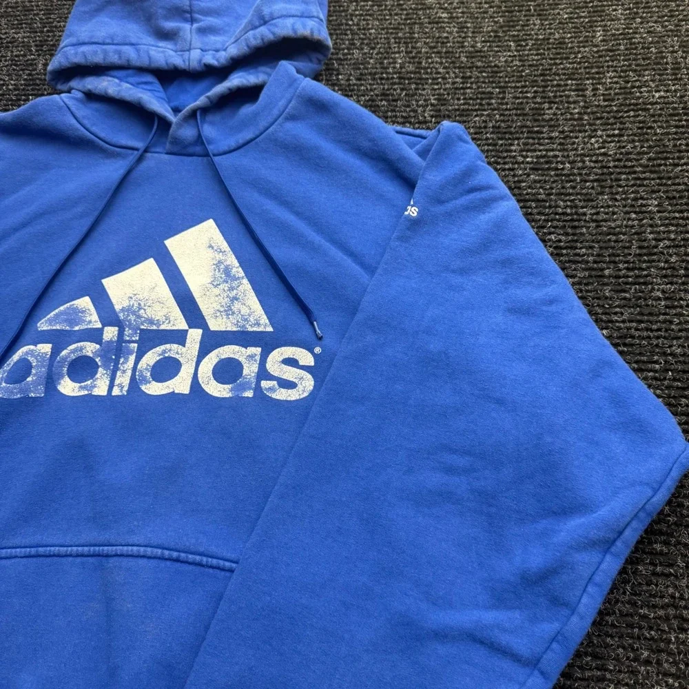 Adidas Hoodie Mens 2XL Blue Pullover Distressed Logo Fleece Sweatshirt RN119208